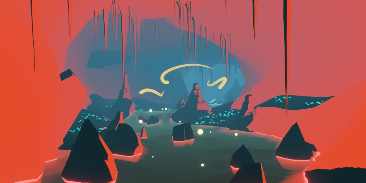A screenshot of a river inside a red cave in Shape of the World on the Nintendo Switch.