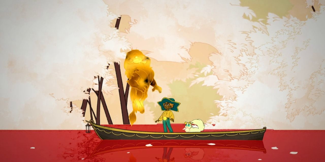 Spiritfarer protagonist Stella standing in a long boat next to a floating lion spirit.