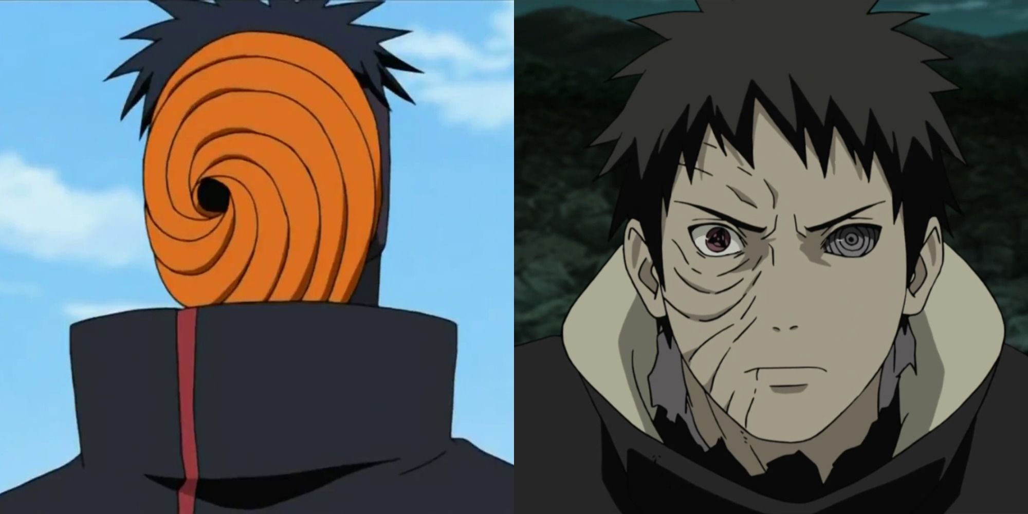 A split image depicts Tobi and Obito forms in Naruto