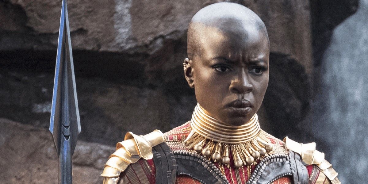 An image of Okoye looking at something in concern in Black Panther movie.