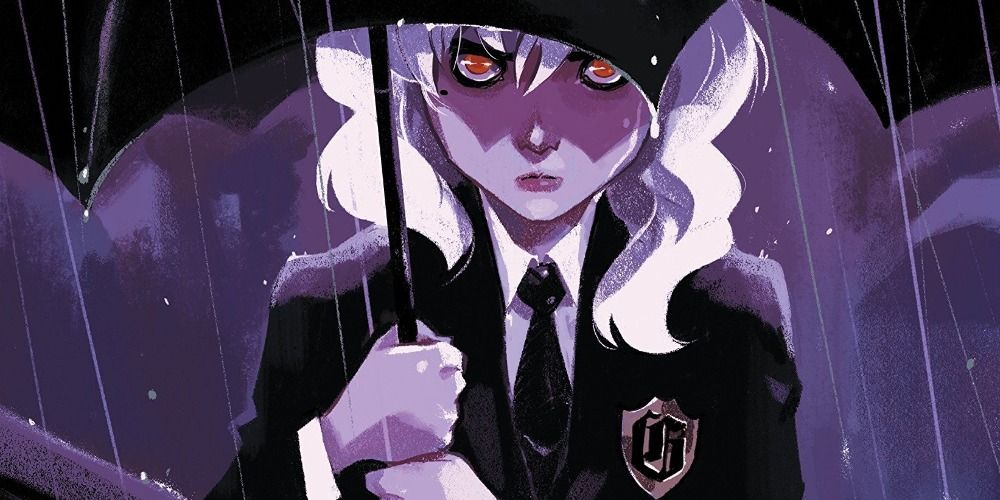 Olive in her uniform holding an umbrella in the rain in Gotham Academy comics