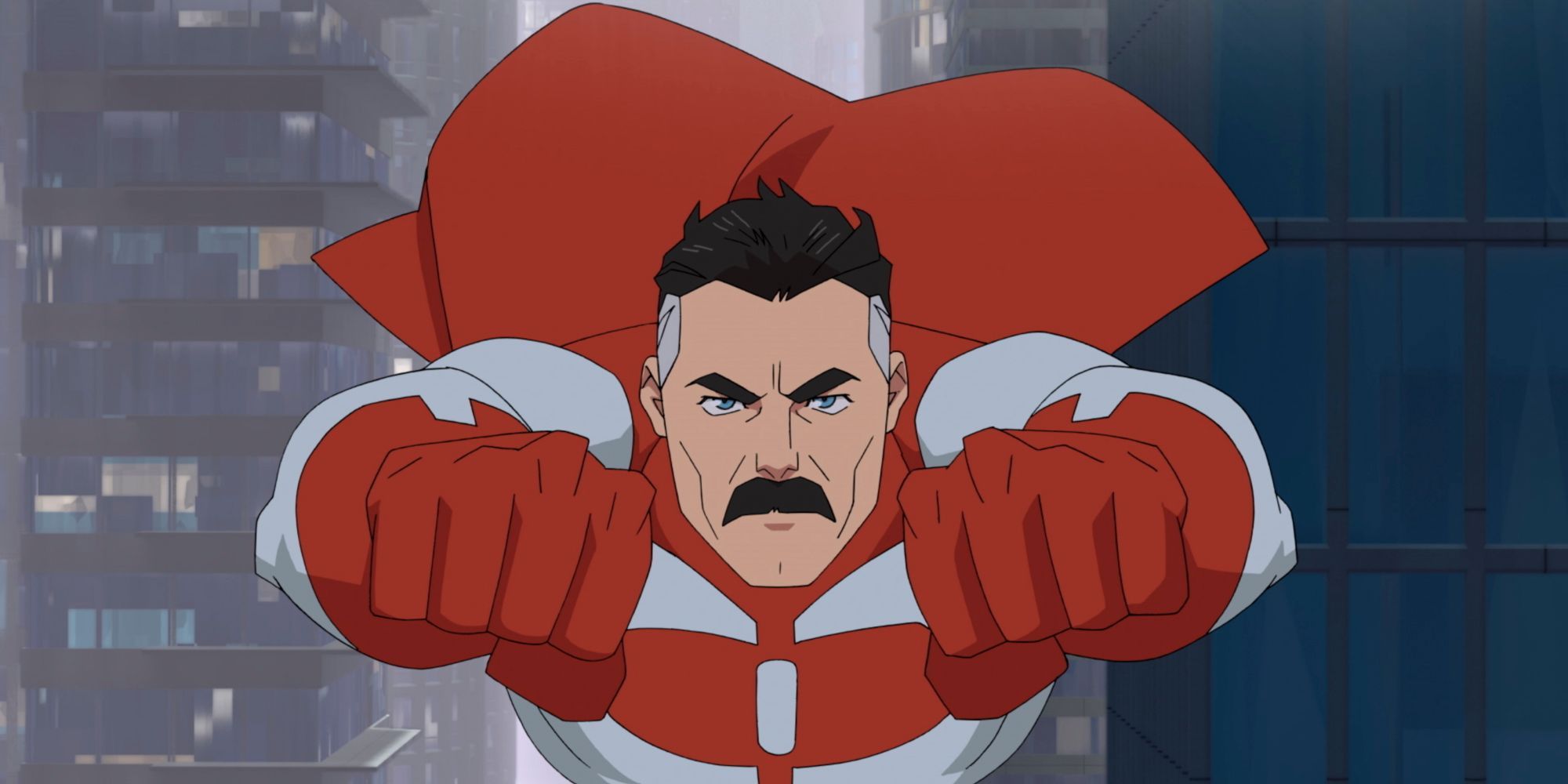 Omni-Man flying in scene from Invincible animated series.