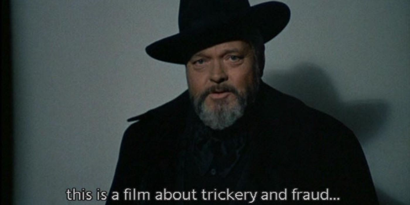 Orson Welles talks into the camera in F For Fake