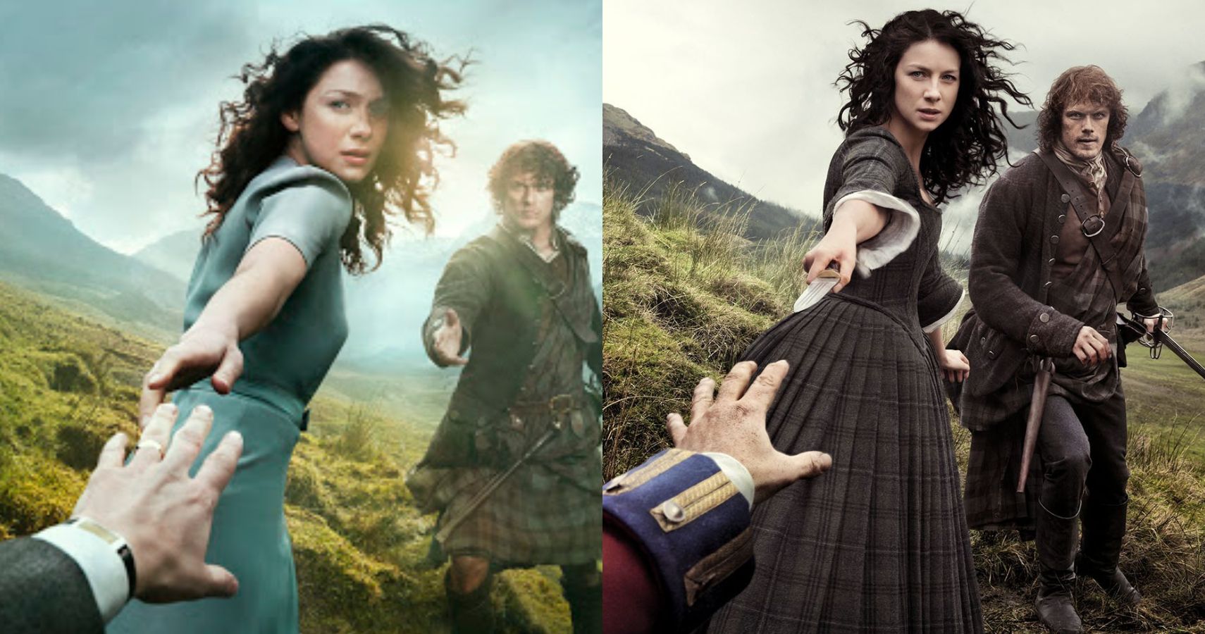 Split image of two promotional images featuring Claire and Jamie