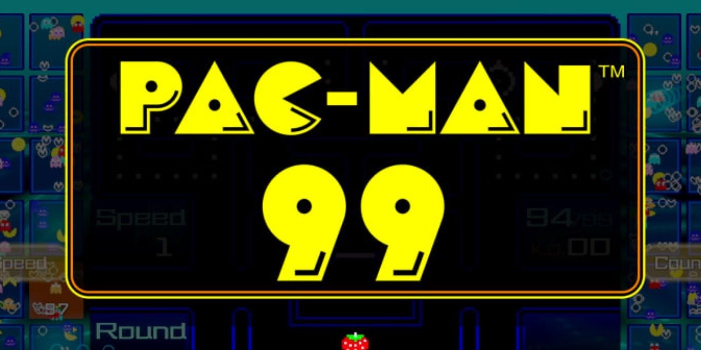 A tela de título do Pac-Man 99 tem uma grande fonte amarela.