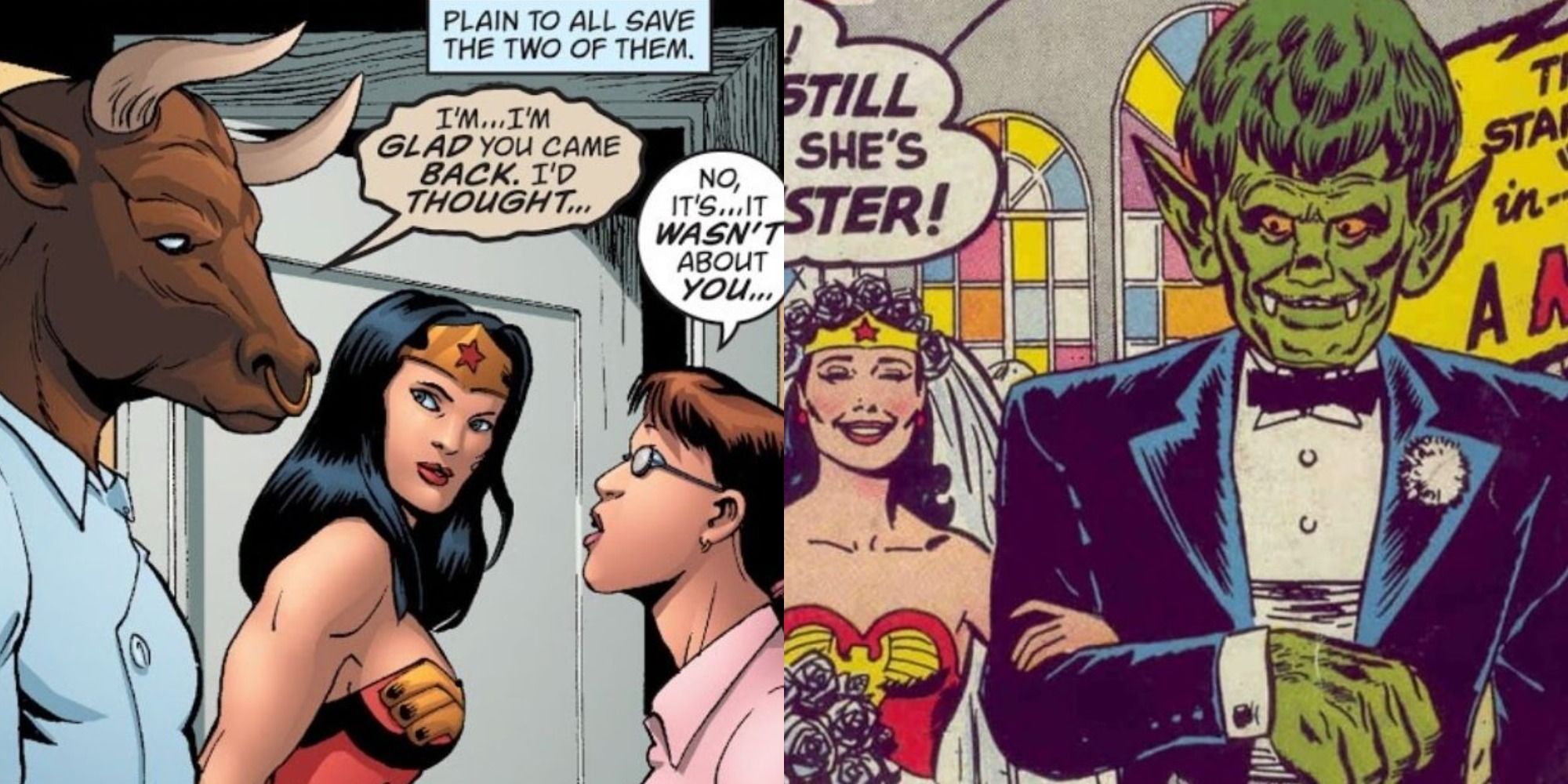 Panels of Wonder Woman comics showing her in between Ferdinand and Leslie Anderson and getting married to Mister Monster
