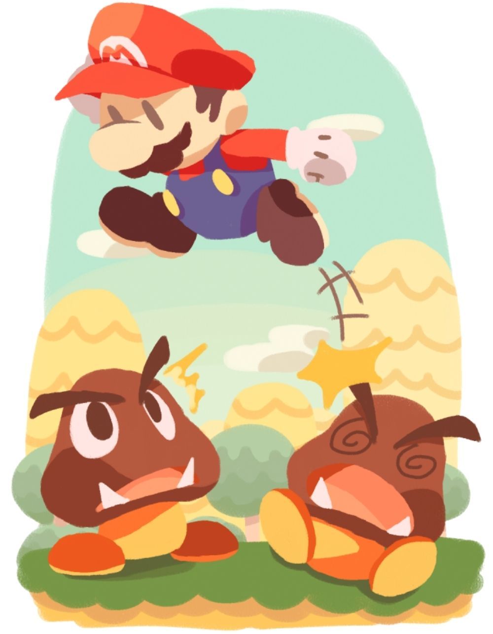 Fan art depicting Paper Mario leaping over two Goombas