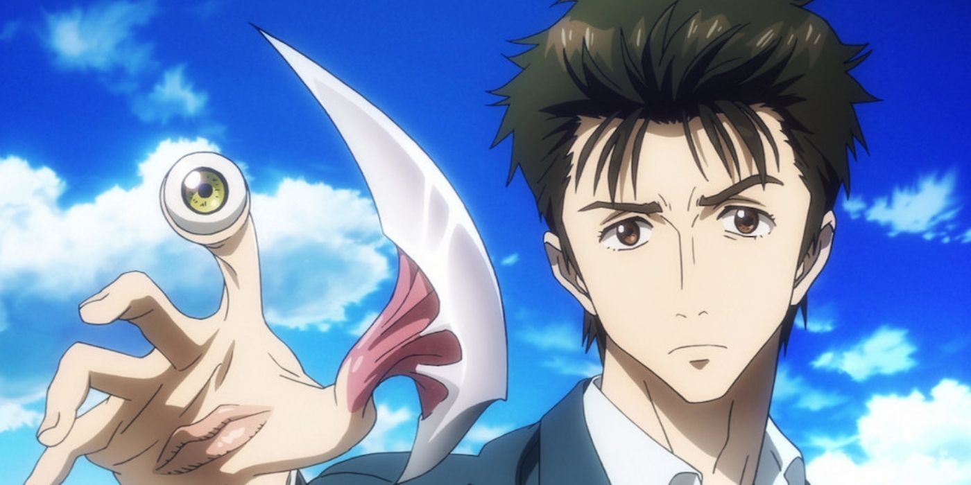 Shinichi Izumi in Parasyte with hand reached out and looking sad.