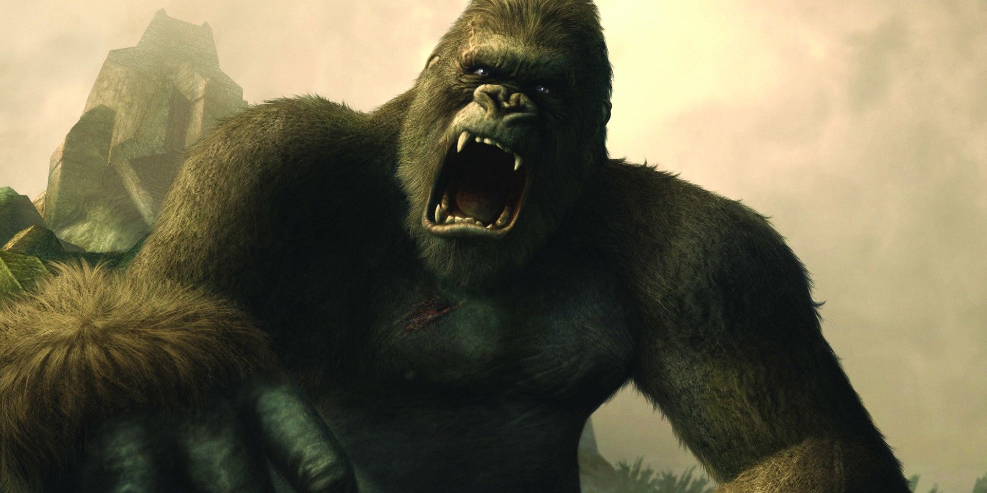 Kong olhando para baixo e gritando no videogame King Kong