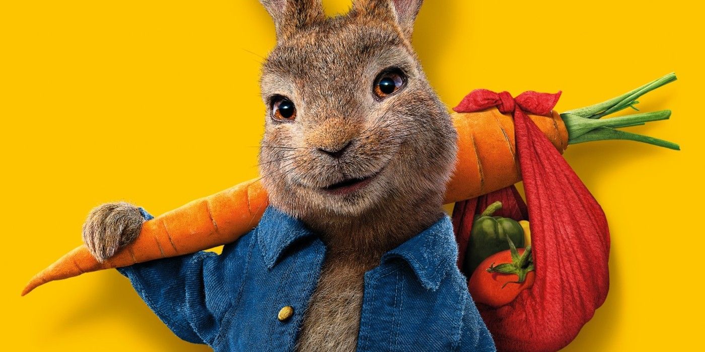 Peter Rabbit smiling on the Peter Rabbit 2 The Runaway poster 