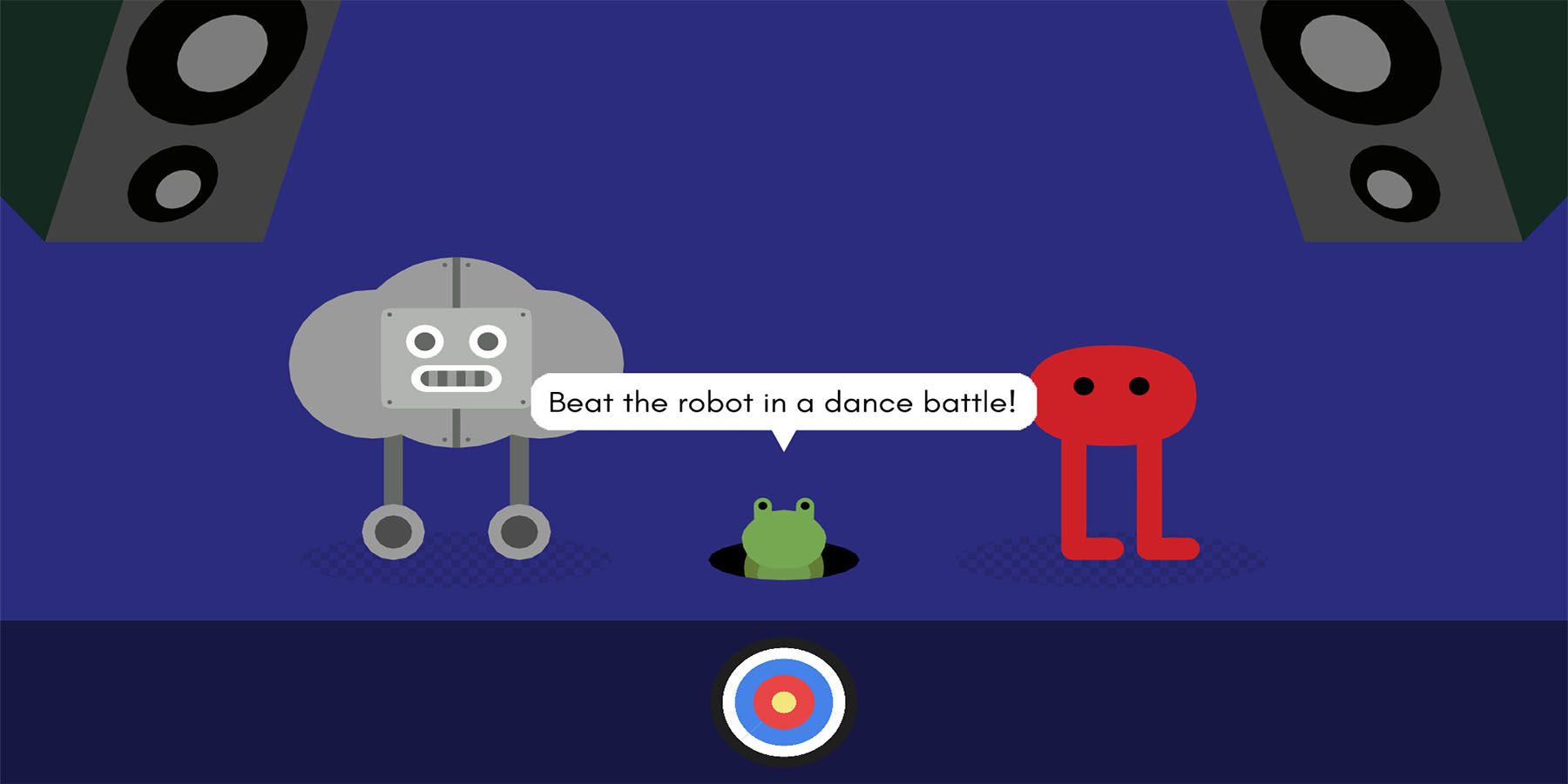 Pikuniku Dance Battle, two characters on a blue stage with a frog in the middle saying "Beat the robot in a dance battle!"