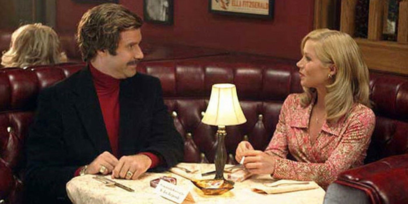 Veronica Corningstone and Ron Burgundy on a date in a restaurant in Anchorman