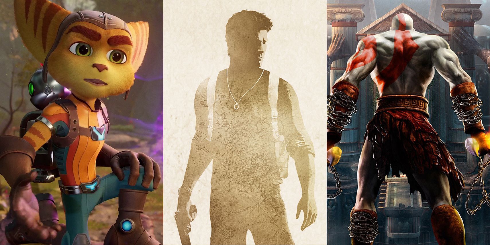Split image of PlayStation franchises Ratchet and Clank, Uncharted, and God of War.