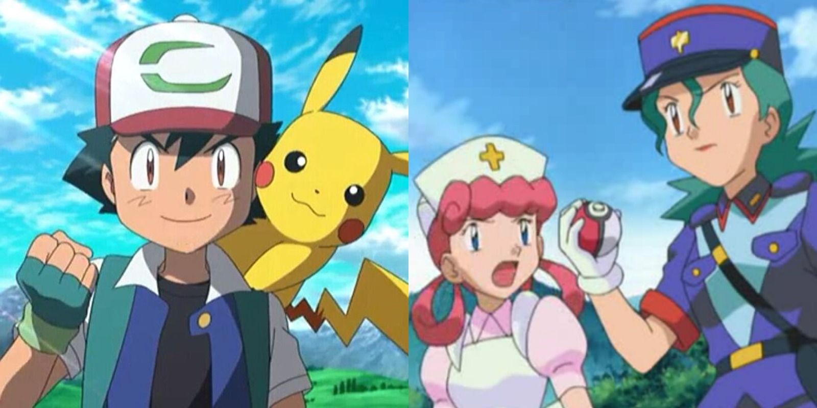 Ash and Pikachu and Officer Jenny and Nurse Joy in the Pokémon anime
