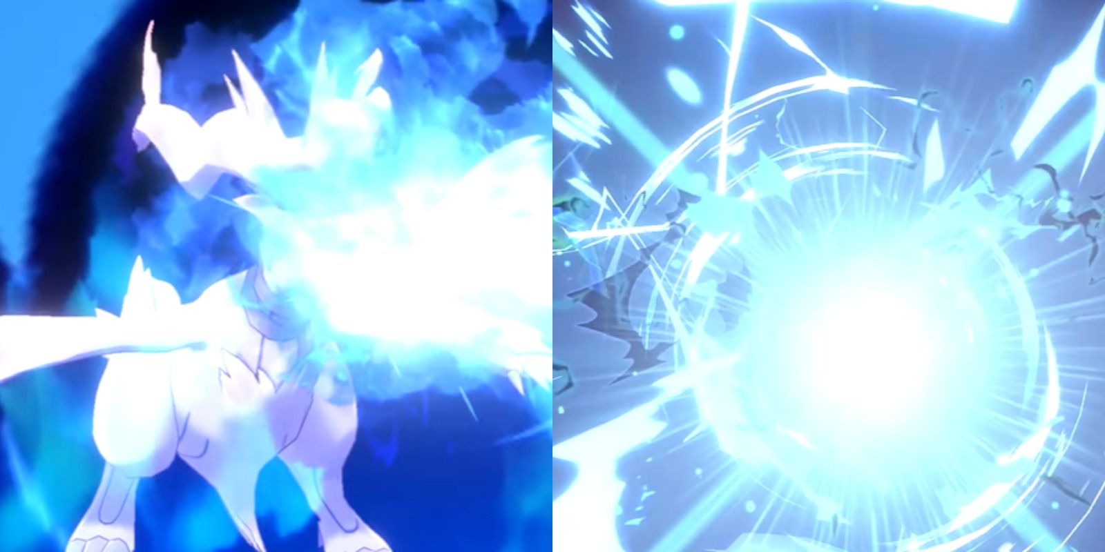 Split image depicting Reshiram using Blue Flare in Pokémon Black and Zekrom using Bolt Strike in Pokémon White