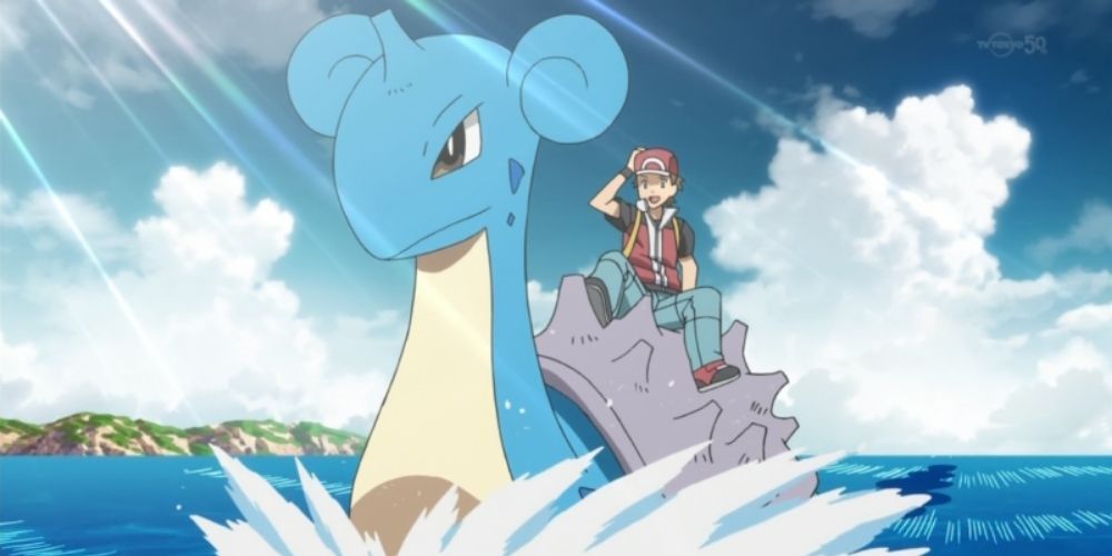 Red montando seu Lapras no anime Pokémon Generations