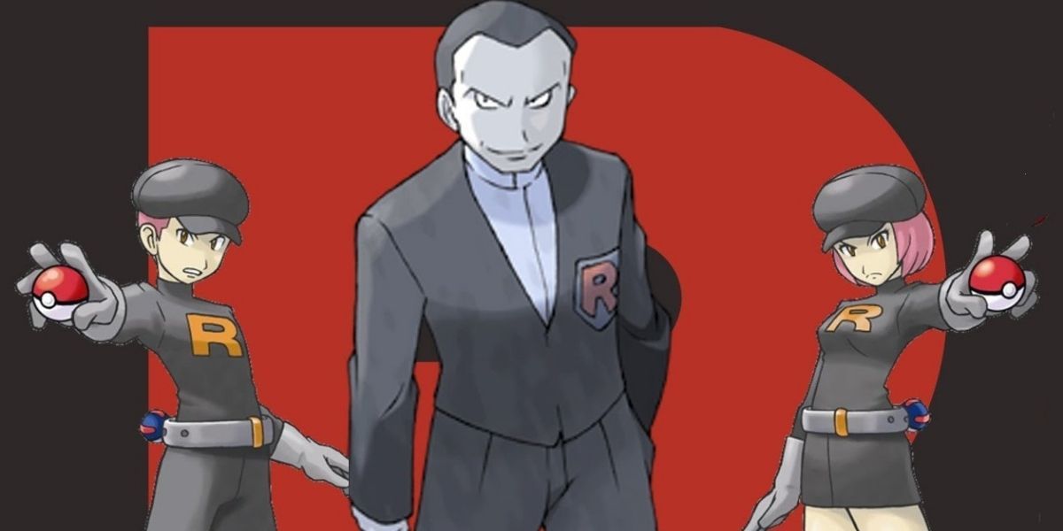 Giovanni and two Team Rocket Grunts standing in front of a large red letter R, Team Rocket's logo.