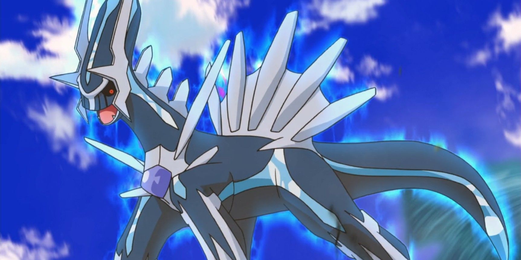 Dialga shining with a blue aura in one of the Pokémon movies