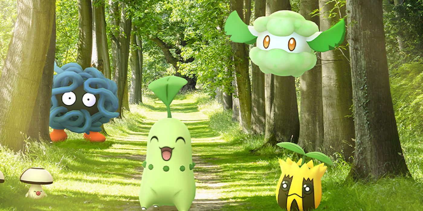 Friendly Grass Pokémon like Tangela and others standing in a grassy road