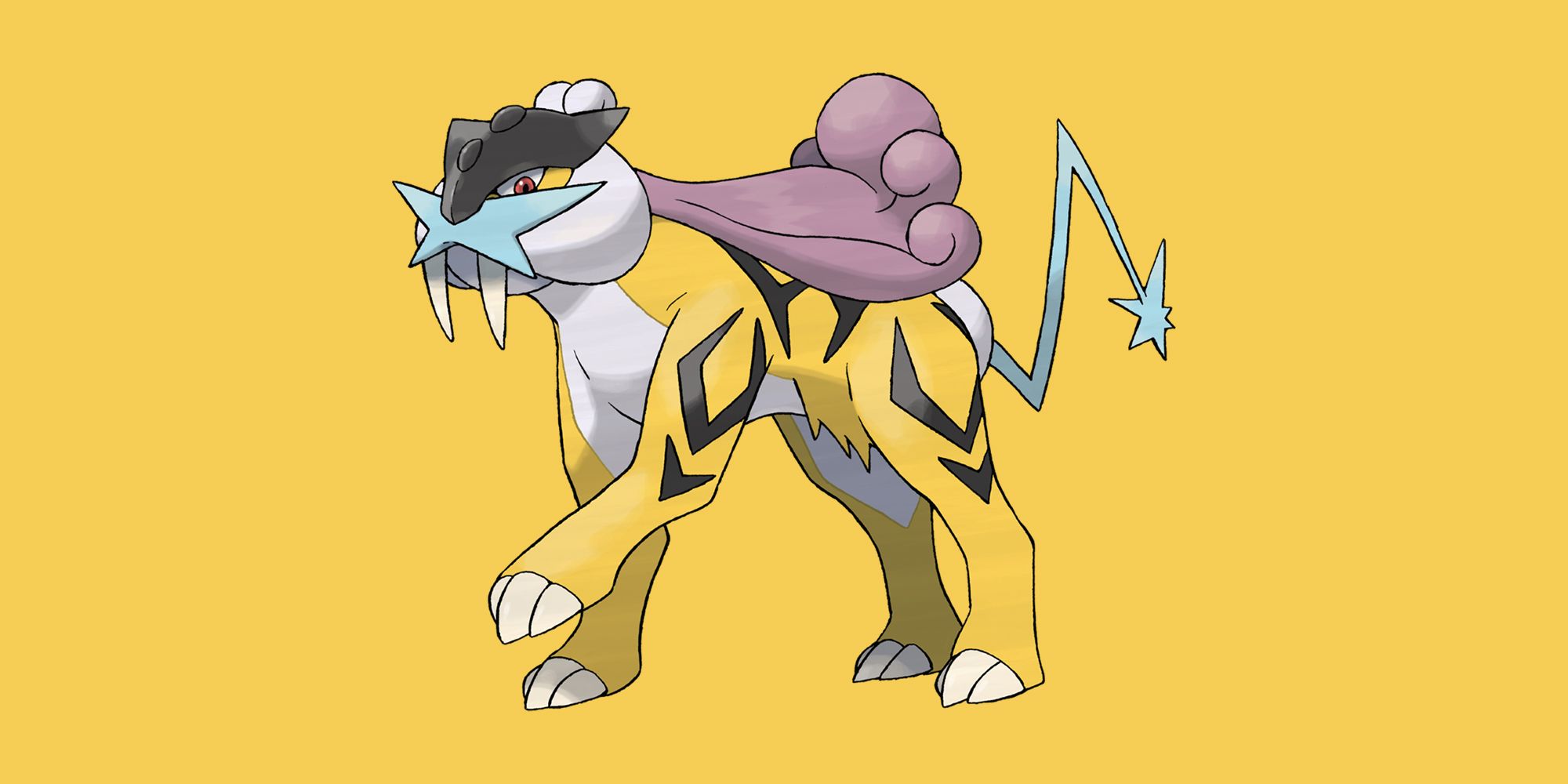The Legendary Raikou raises its paw on a yellow background in Pokemon Go!