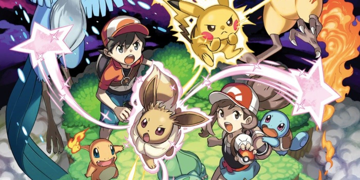 Artwork for Pokémon Let's Go, Eevee and Let's Go, Pikachu showing two trainers surrounded by Eevee, Pikachu, Squirtle, Bulbasaur, Charmander, Moltres, and Articuno. One trainer is holding out a Poké Ball while Eevee and Pikachu attack.