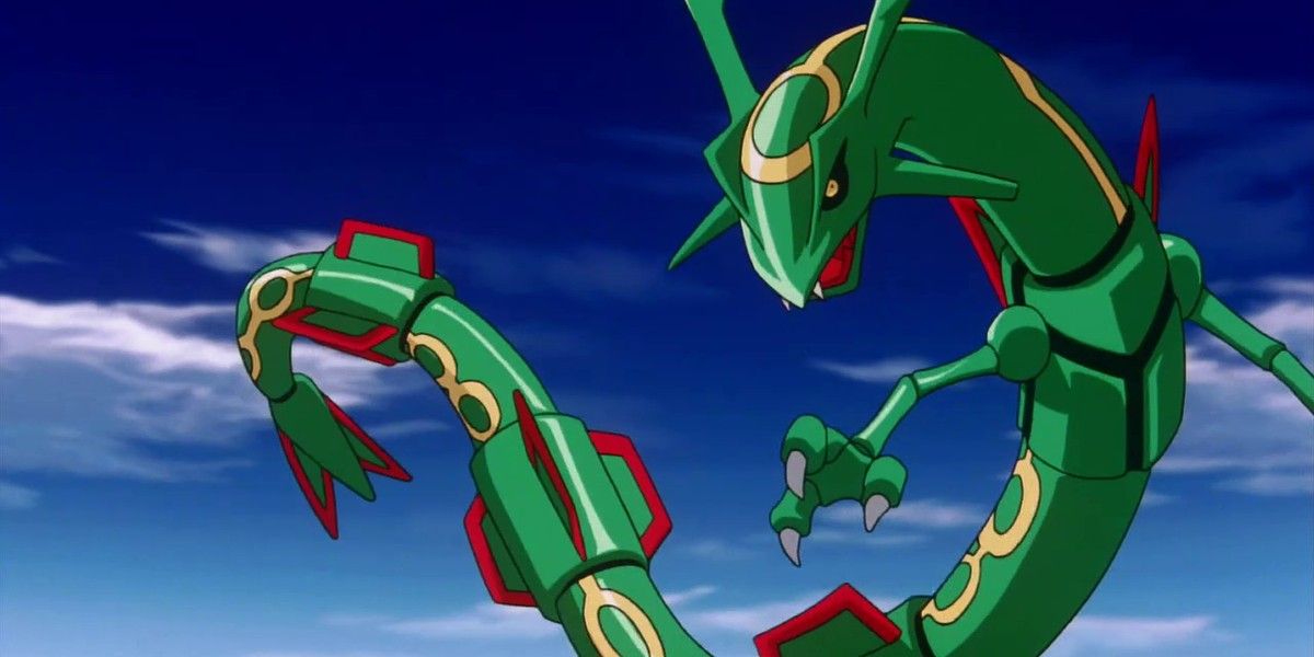 Rayquaza flying in the air in Pokemon