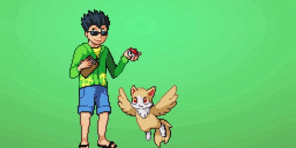 The professor holds a Pokeball while an unofficial Pokemon flies beneath the Pokeball