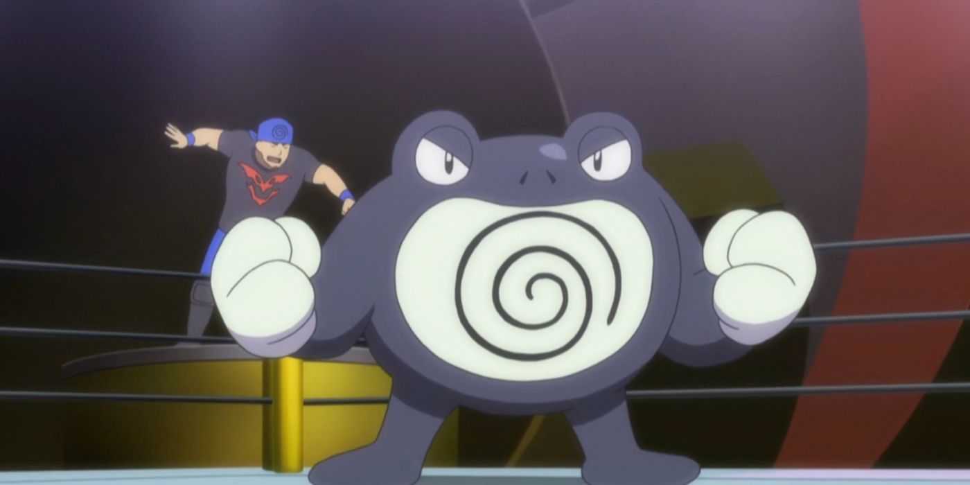 Poliwrath with its fists closed about to battle in the Pokémon anime