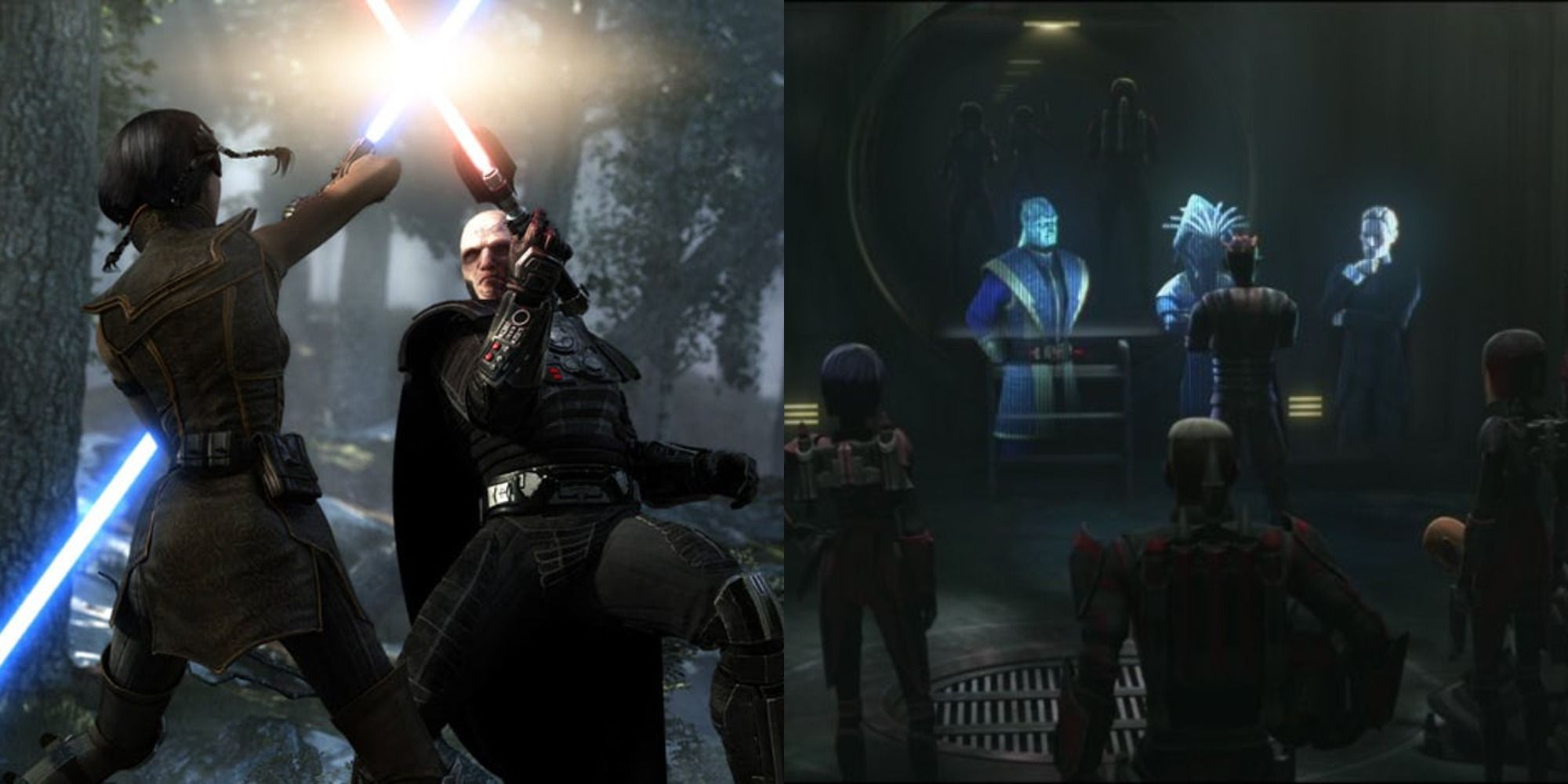 Split image of characters fighting with lightsabers and Darth Maul speaking to a hologram