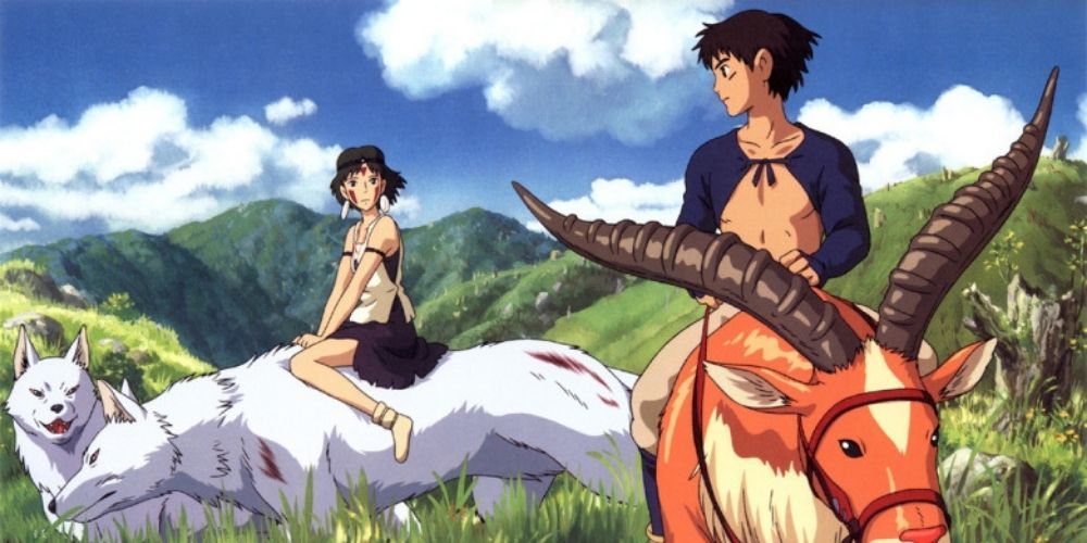 Ashitaka and San riding on animals in Princess Mononoke