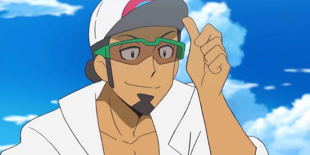 Professor Kukui smiles and pushes his cap up in the Pokémon Sun & Moon anime