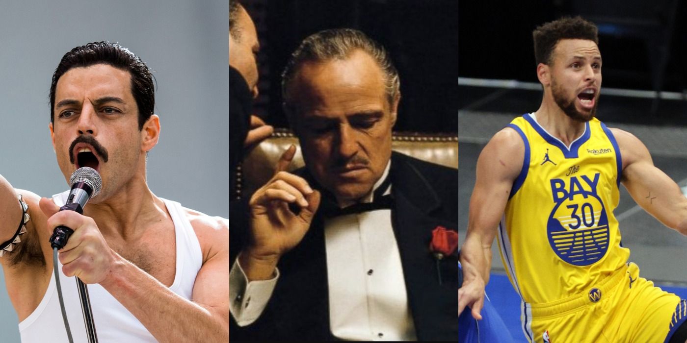 Bohemian Rhapsody Rami Makej Singing; Corleone in The Godfather; Steph Curry playing basketball