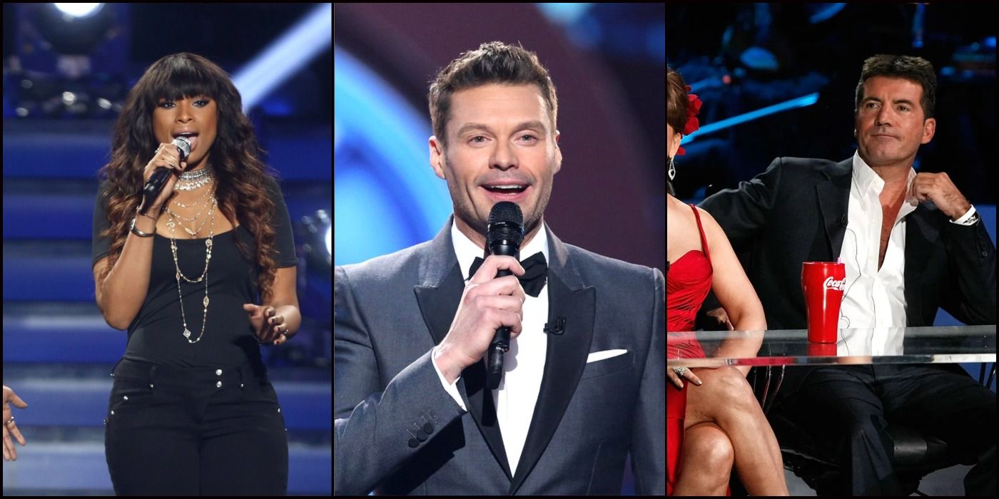 Split image of a singer, Ryan Seacrest hosting, and Simon Cowell at the judges table