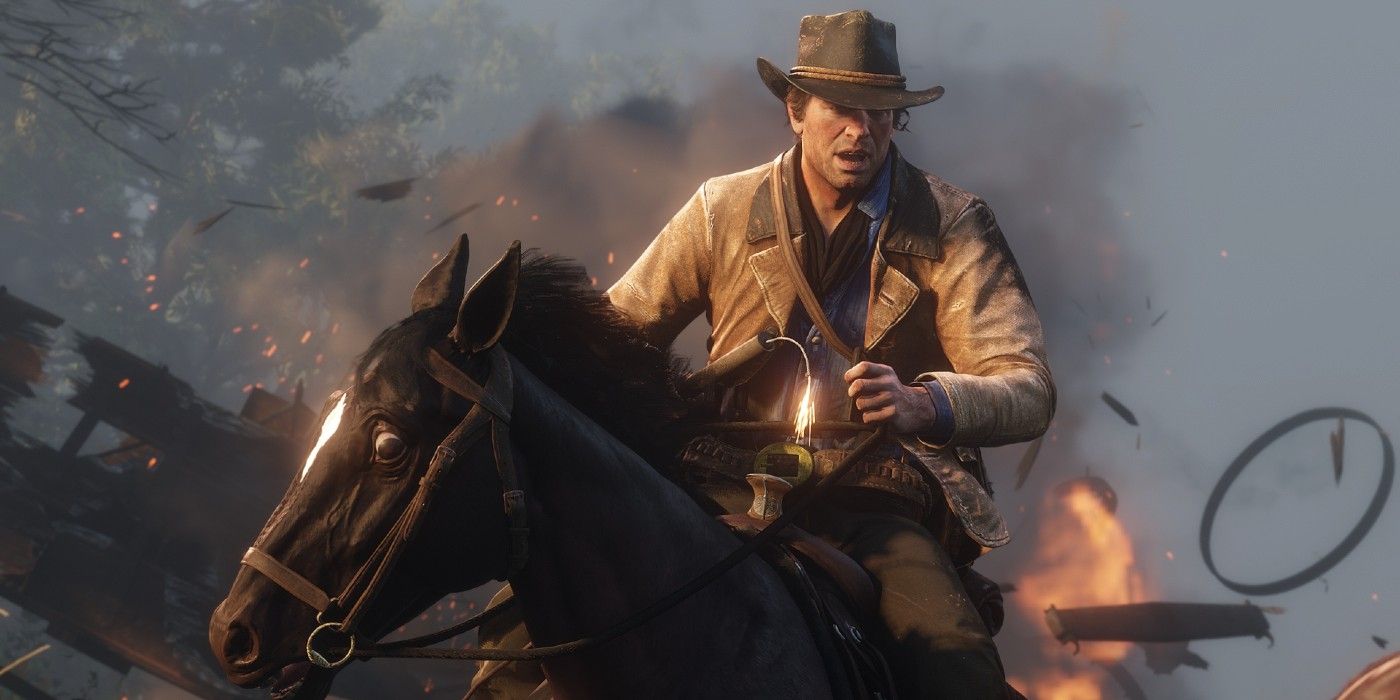 Arthur Morgan on a horse in Red Dead Redemption 2 with a fiery explosion in the background