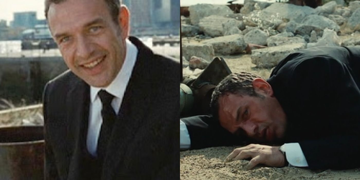 Split image of Remy Jean smiling and lying on the ground in Da Vinci Code