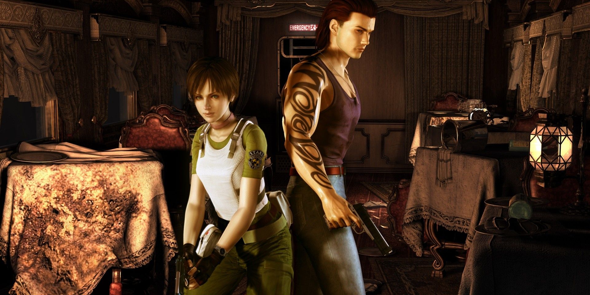 Rebecca and Billy from Resident Evil 0, ready for battle with their pistols out.