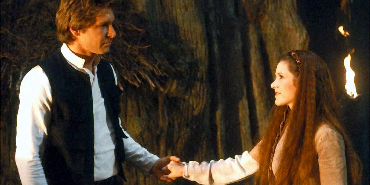 Han and Leia holding hands in Return of the Jedi.