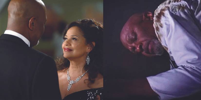 An image of Catherine Fox standing in front of Richard, while the other shows how he has been electrocuted in Grey's Anatomy 