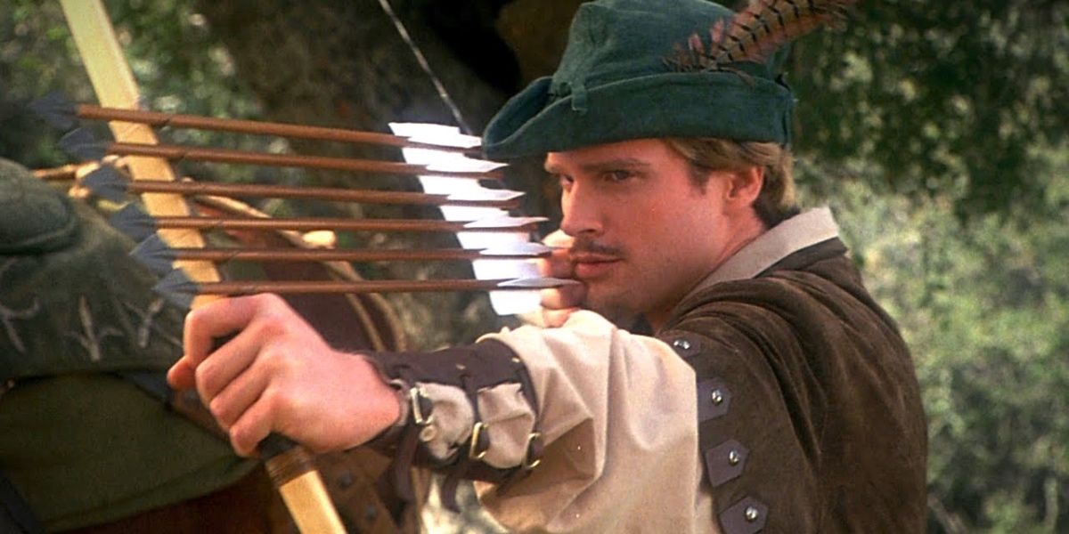 Robin shooting multiple arrows at once in Robin Hood: Men in Tights