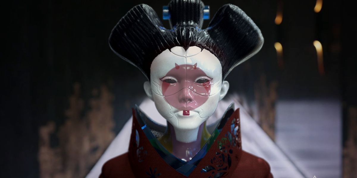 Close up of robot geisha in Ghost in the Shell
