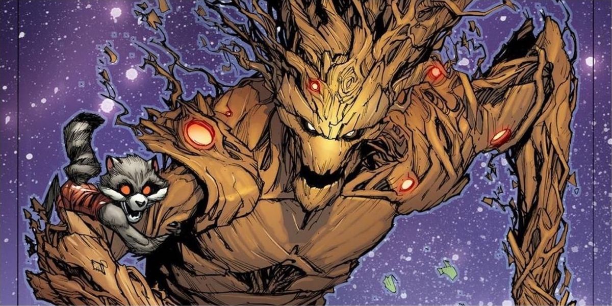 Groot and Rocket fly through space