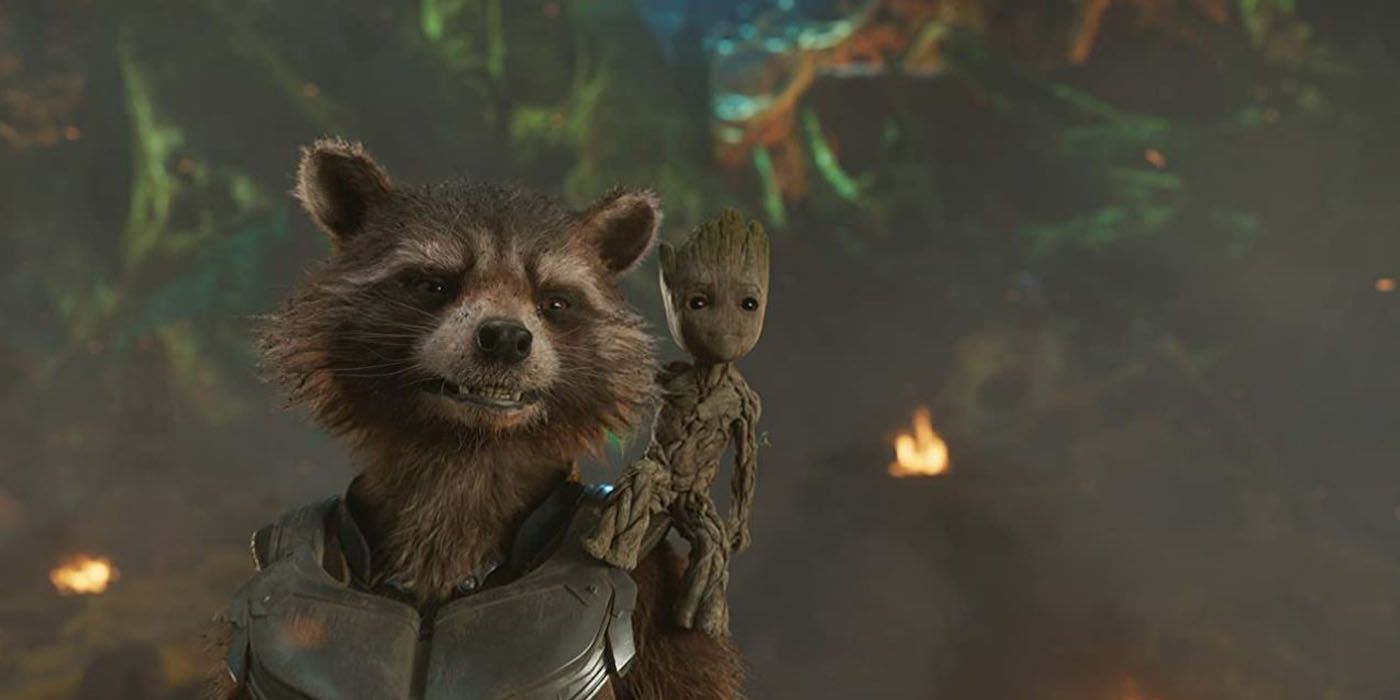 Rocket with Baby Groot sitting on his shoulder.