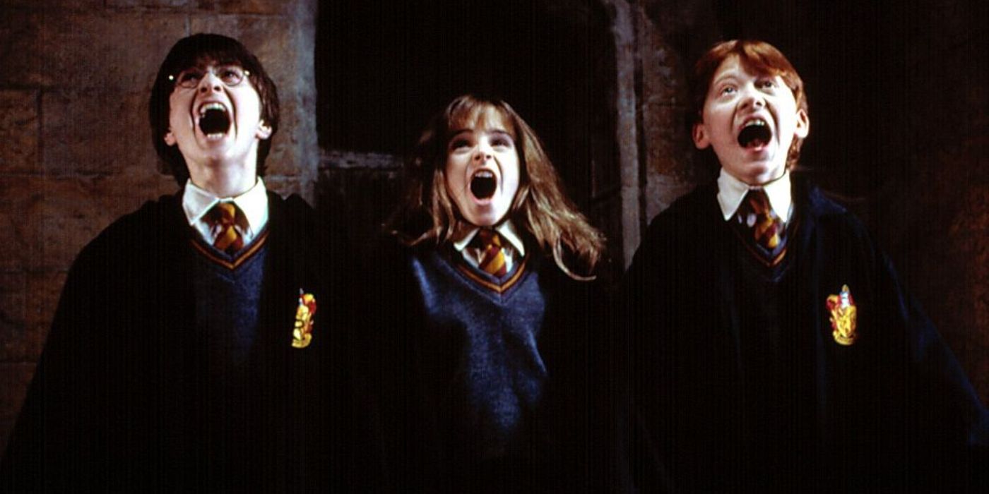 Harry, Hermione and Ron screaming at the sight of Fluffy in Harry Potter.