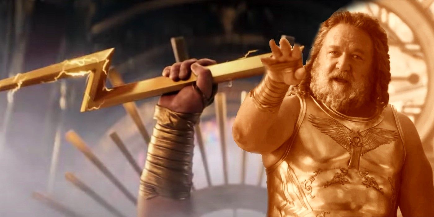 Russell Crowe as Zeus in Thor 4 holding a lighning bolt