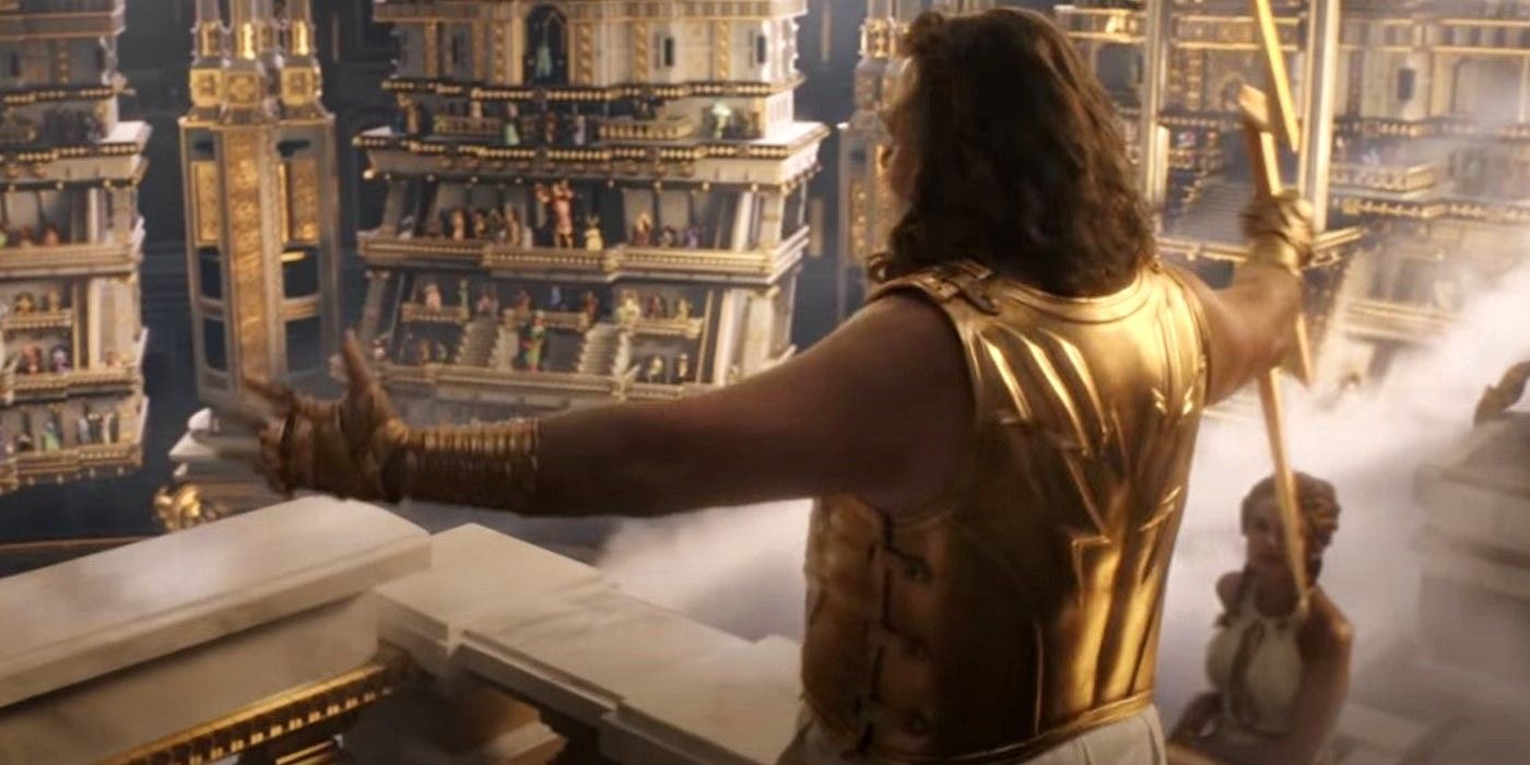 Russell Crowe como Zeus em Thor Amor e Trovão