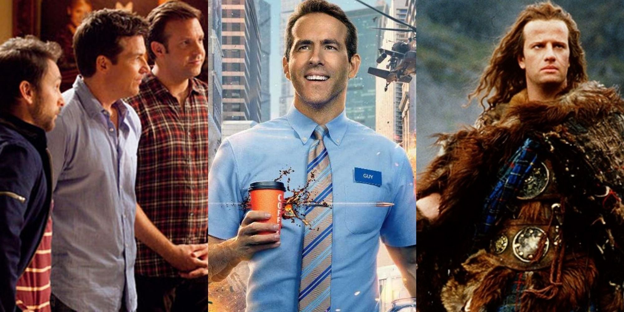 Split image of the main characters from Horrible Bosses, Ryan Reynolds in Free Guy, and Highlander
