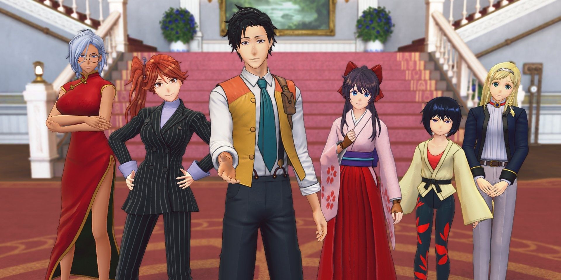 Some of the characters in the 2019 dating sim Sakura Wars standing in a grand entrance hall.