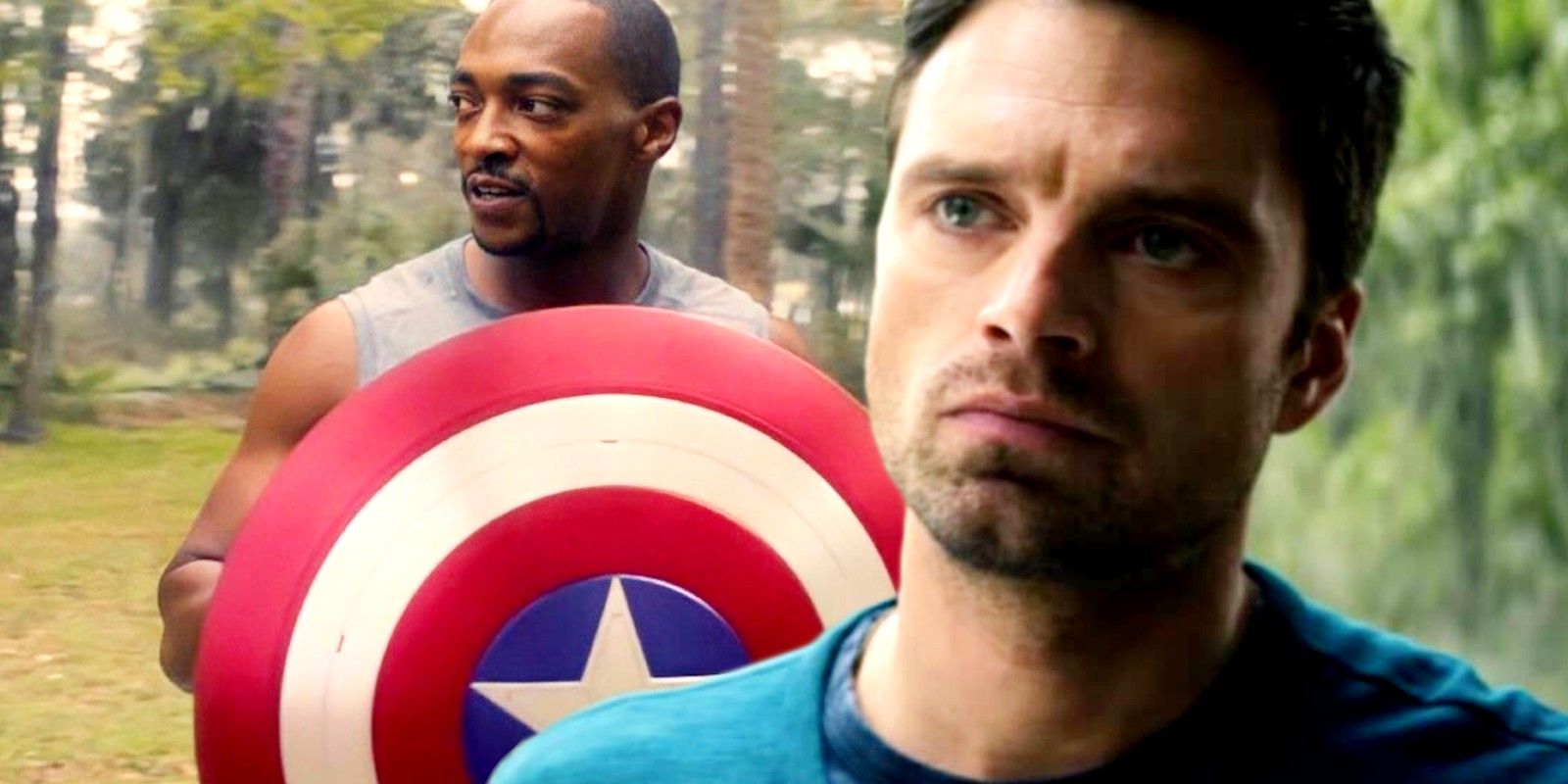 A collage of Sam Wilson holding the shield and Bucky from Falcon And the Winter Soldier