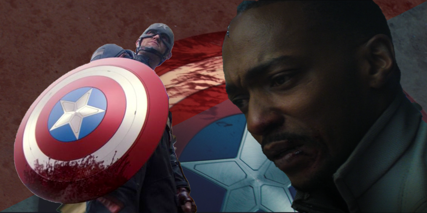 Image showing John Walker holding Cap's bloody shield and a distressed Sam Wilson