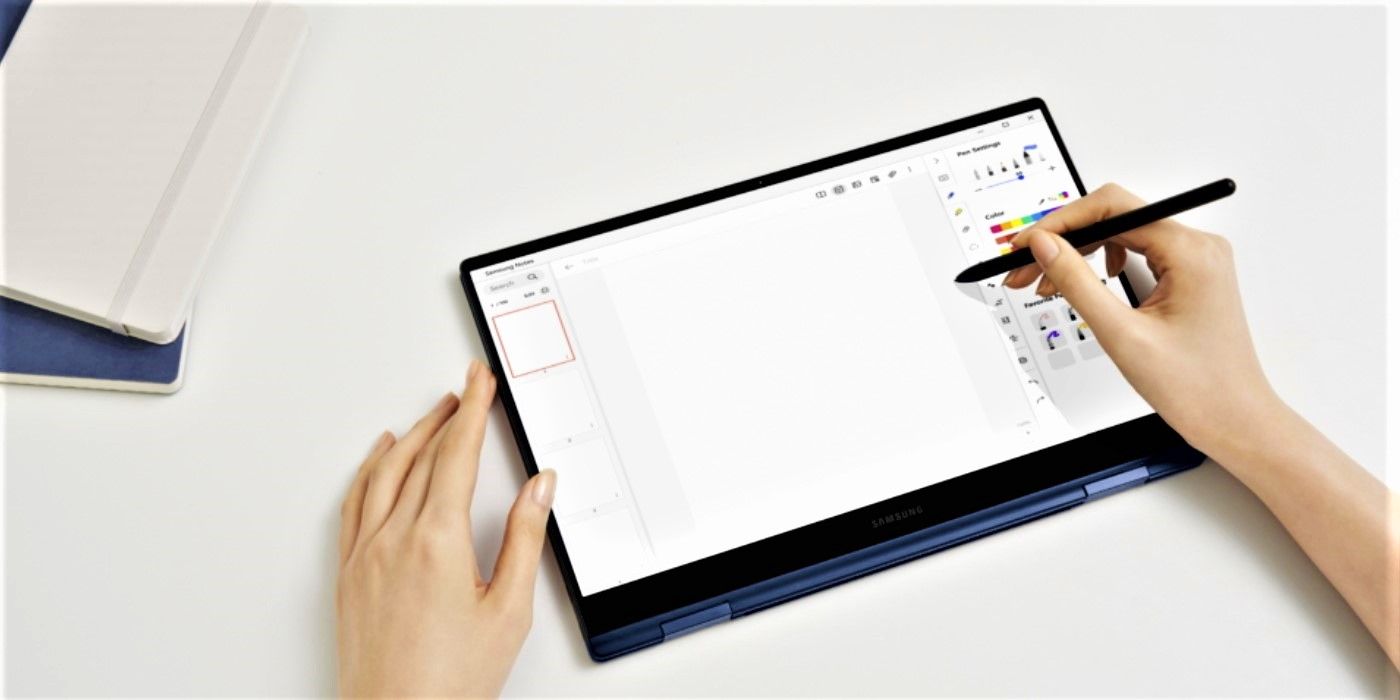 A photo of a person drawing on the Samsung Galaxy Book Pro 360 with an S Pen